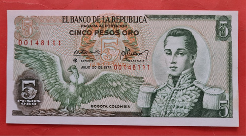 Billete Reposición  5 Pesos 1977