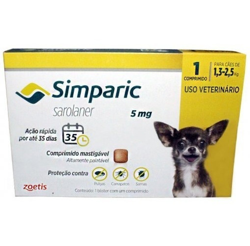 Simparic 5mg- Antipulgas E Carrapatos 1,3-2,5kg 1 Comprimido