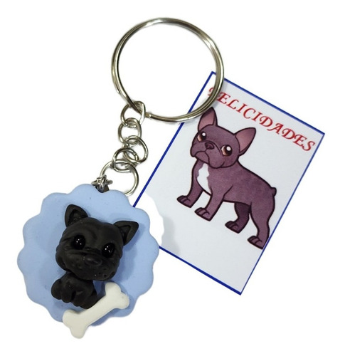 Llavero De Perro Bulldog Frances De Pasta Y Acero+l3 Color Negro