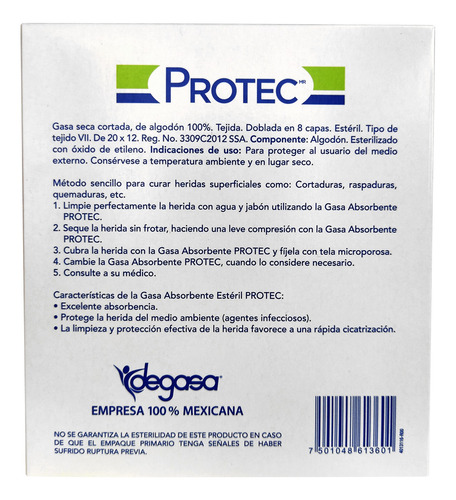 Gasa Absorbente Estéril Protec Algodón 10cm X 10cm Caja 10pz
