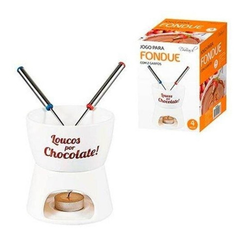 Aparelho Fondue De Porcelana Branco C/ 2 Garfos Vela 350 Ml