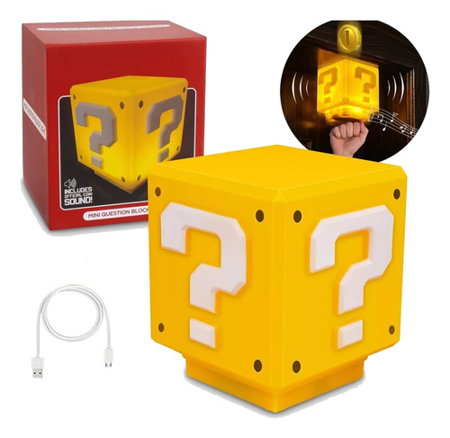 Lámpara Mesa Mario Bros. Cube Con Efecto Sonido Monedas Oro