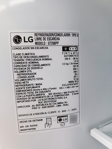 Refrigeradora LG Top Freezer Gt26bpp 264l Plateada (Usado)