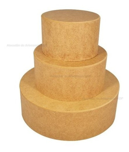 Trio De Caixa Redonda P/ Bolo Fake Sem Tampa Mdf 3mm Madeira