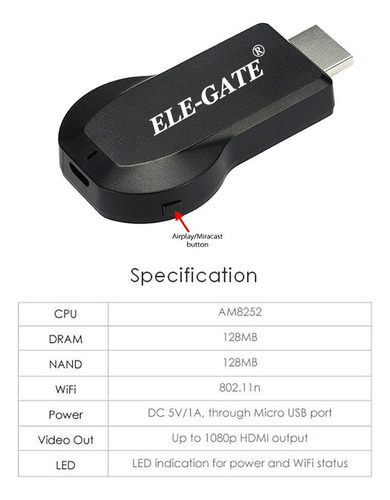 Receptor Hdmi Mirascreen Transmisión Inalámbrica