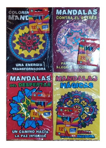 Lote Mandalas Para Pintar X 4 C/u Con Lapices X 12 Cortos