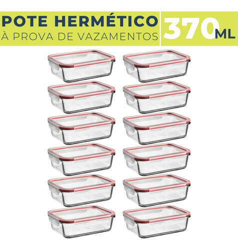 Kit 12 Potes De Vidro Vedação Hermética 370 Ml De Silicone Cor Vermelho Quality House