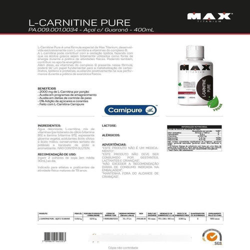 L - Carnitine Carnitina Pure 400ml - Max Titanium + C/ Nf-e