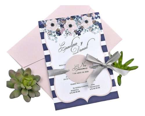 Tarjetas Invitación Floral Marinero Franjas Flores Cinta