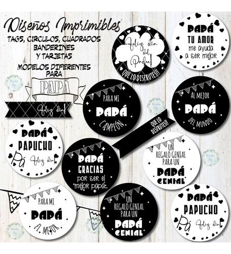 Kit Imprimible Día De Padre Blanco Y Negro Tags-etiq-tarjet