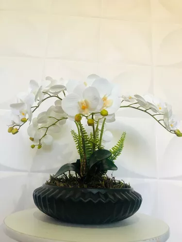 Arranjo De Orquídeas Em Silicone Com Vaso Grande Preto Vidro
