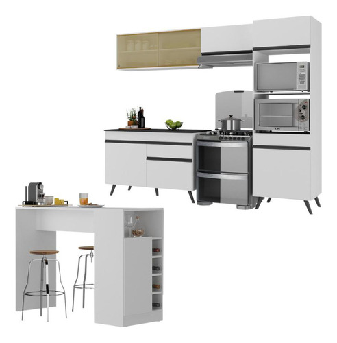 Armário Cozinh Modulado/bancada Americana Multimóveis Mp2209 Cor Branco/preto