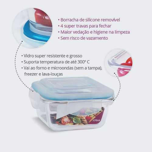 Kit 3 Potes De Vidro Hermético 520ml 4 Travas Quadrado