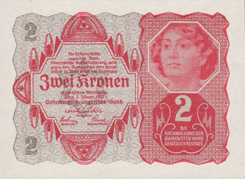 Billete Austria 2 Krone, Mujer Joven, 1922