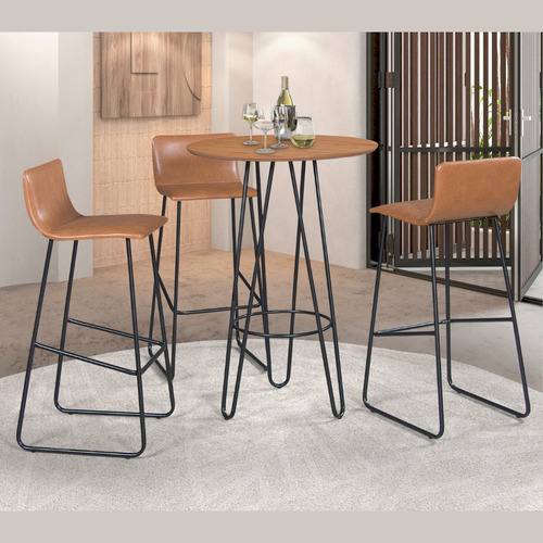 Conjunto 3 Banquetas Dubai Em Couro Caramelo E Base Preta