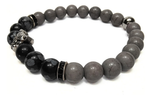 Pulseras Hombre Piedra Gris + Jaspe Nevado Dije Pantera
