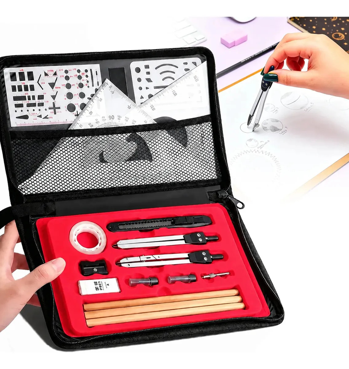 kit 19 Réguas geometrica transparente Esquadro escolar gadgets escritório com Compasso + divisor + transferidor +Lápis+borracha+Estêncil desenho profissional para diy Professor Eng