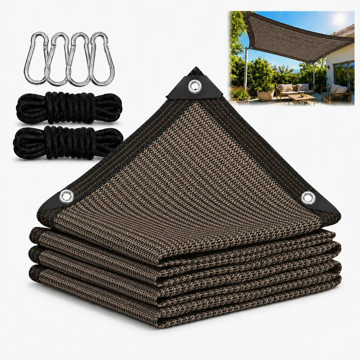 Tela Sombrite 95% Garagem Cobertura Piscina 3x4m Marrom, Proteção Solar Resistente e Durável, Acabamento Reforçado, com 4 Anéis Metálicos Reforçados e Corda de 10m para Jardim, Var