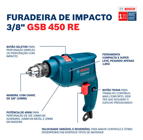 Kit Furadeira Impacto Bosch Gsb450re Com 5 Brocas Cyl-1 220v