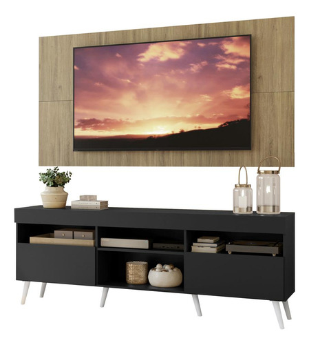 Rack C/ Painel Sup Tv 65 Retrô Londres Multimóveis V3347 R Cor Rustic/Preto/Branco