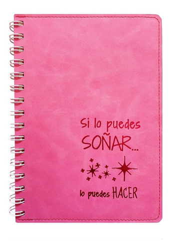 Cuaderno Chico Rosa Eco-cuero Anillado Hojas Lisas Con Frase