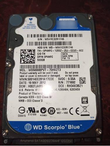 Disco Duro Interno Western Digital Wd Blue Wd5000bpvt 500gb