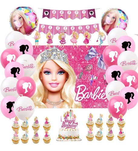 Set Decoración Globos Más Telón Barbie Cumpleaños 