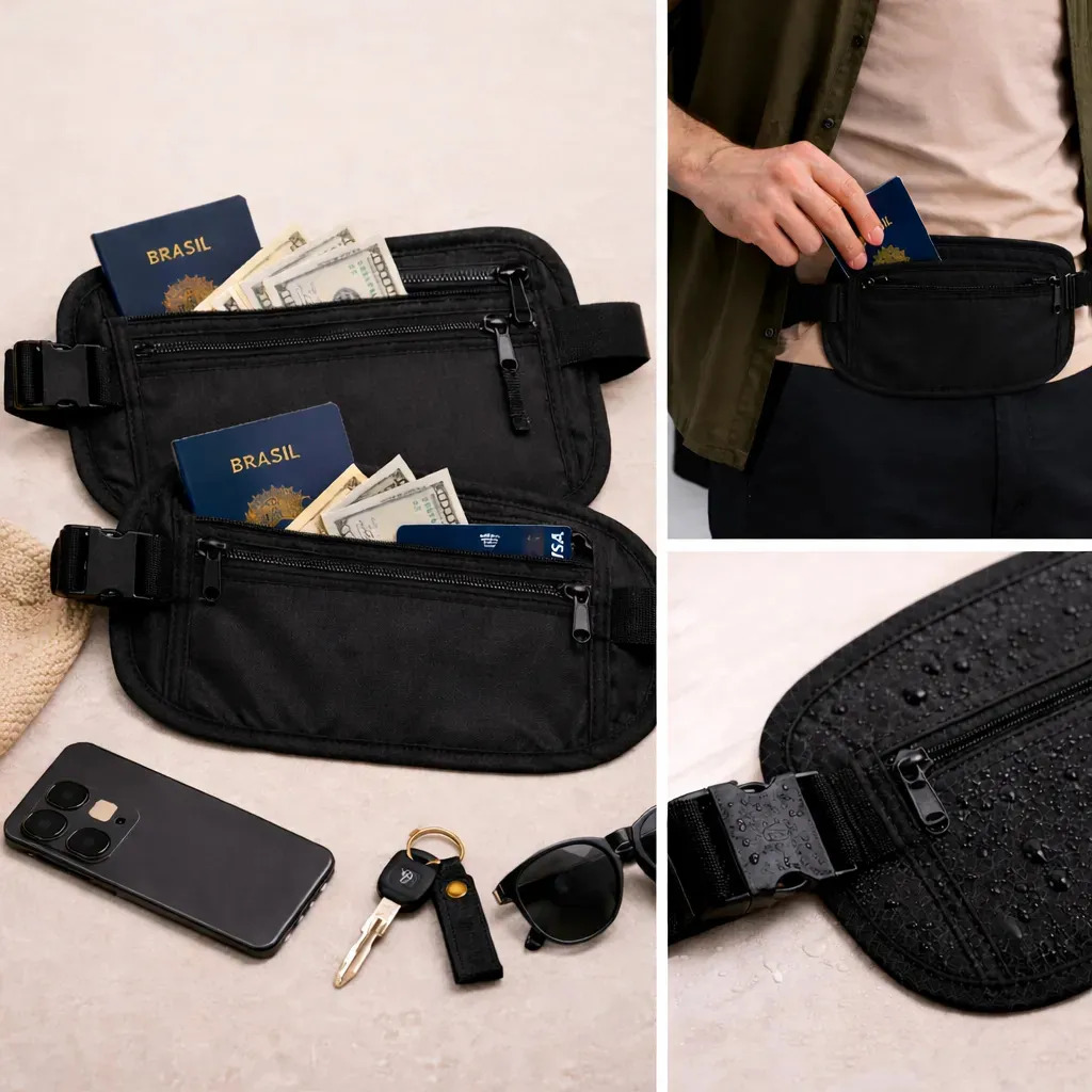 Kit 2 Pochetes Doleira Porta Documentos Dinheiro Passaporte Cartões Celular Chaves Viagem Antifurto Invisível Impermeável Ajustável Cinto Fivela Regulável Unissex Preta Cintura Avi