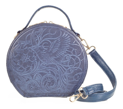 Bolsa D Piel Con Grabado Tipo Cincelado Crossbody Bolsa Dama Color Azul Diseño de la tela Quetzal Grabado