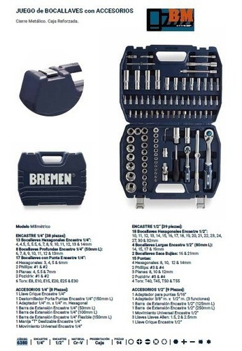 Juego Llave Tubo Bocallaves Bremen 6380 1/2-1/4 Mm 94pzs Kit