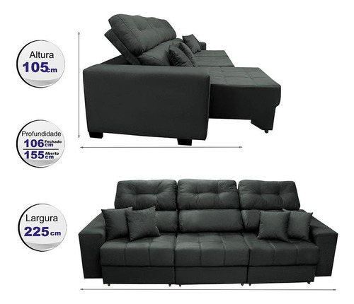 Sofá Retrátil E Reclinável Diamond 2,25m Tecido Suede Cinza Cama inBox