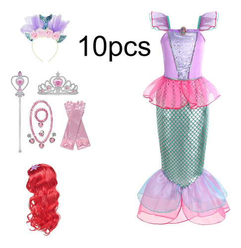 Vestido De Princesa Sirena Ariel Para Niña Con Peluca