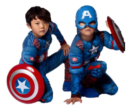 Capitan America Disfraz Niño Avenger Musculos Mascara Escudo