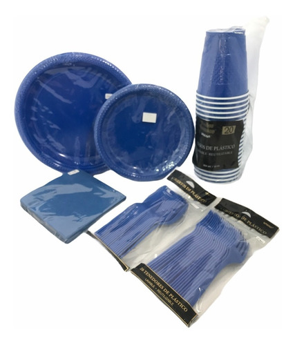 Súper Kit Azul Rey Desechables P 20 Platos Vasos Servil Cubs