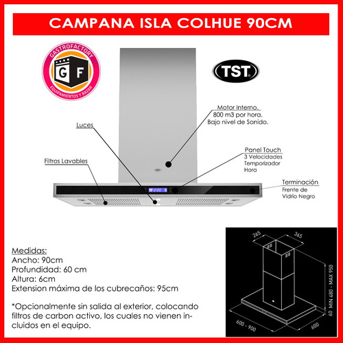Imagen 2 de 9 de Campana Cocina Marca Tst Isla 90 Cm Colhue - Envio S/cargo