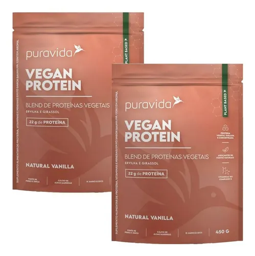 Kit 2 Vegan Protein Vanilla Puravida 450g Proteínas Vegetais