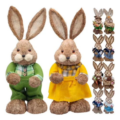 comprar Linda Dupla Casal Coelho De Páscoa Grande Em Palha 62cm Luxo Cor Patriota2