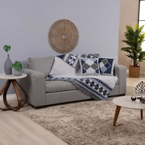 Xale Decorativo Para Sofá Com Franjas 5 Peças Kit Grécia Cor Azul/Estampado