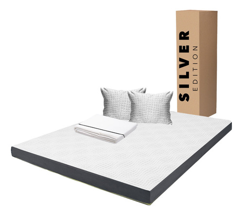 Colchón Matrimonial En Caja 10cm + Juego Sábanas Y Almohada Blanco Con Gris