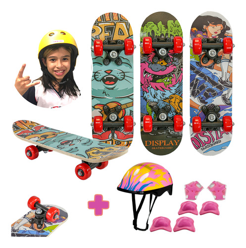 Kit Skate Infantil Menina Esqueite + Kit Proteção Capacete