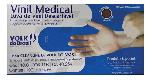 Luvas descartáveis Volk do Brasil Médica cor transparente tamanho  GG de vinil x 100 unidades 