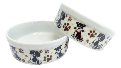 Pote E Tigela Porcelana Coelho Aves 600ml Atóxica Cor Cachorro Preto E Branco