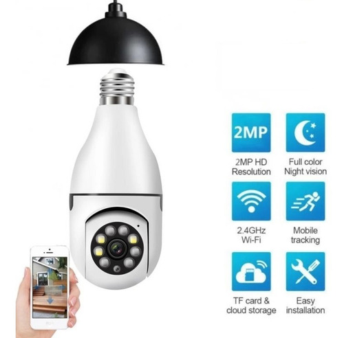 Câmera Lâmpada Segurança Rotativa Visão 360º Noturna Wi-fi