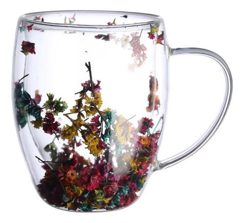 Taza Doble Fondo Transparente Con Flores  350 Ml Regalo