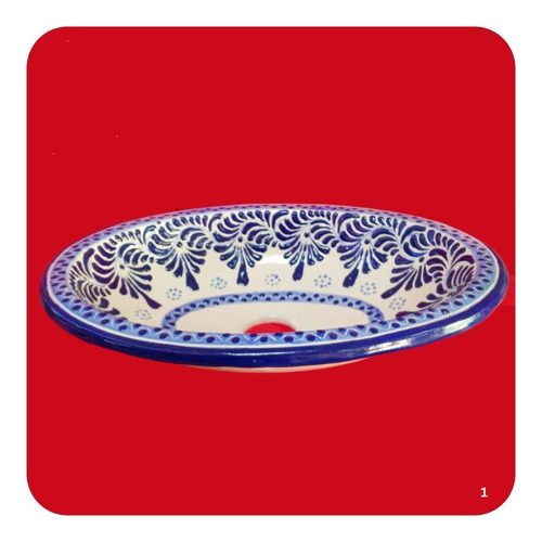 Imagen 2 de 3 de Lavabo Ovalin De Talavera Poblana Barroca Azul 41x30x8 Cm M1