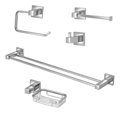 Kit Acessórios Quadrado Banheiro 100% Metal Cromado 5 Peças