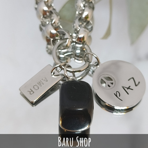 Imagen 2 de 8 de Pulsera Acero Con Piedra Color Negro Y Dijes Paz Y Amor