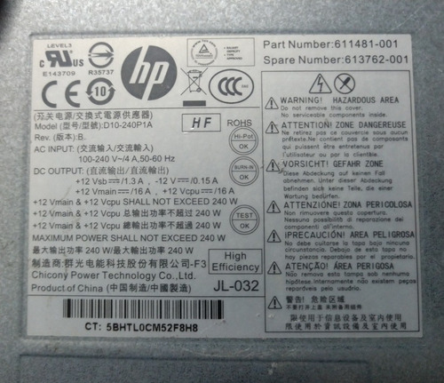 Fuente De Poder Hp N/p: 611481-001, 240 W Facturada (Reacondicionado)
