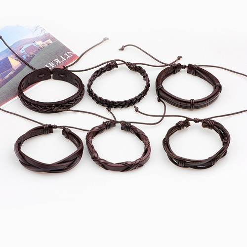 Imagen 2 de 6 de Conjunto Pulsera Brazalete Hombre Moda Soga Cuero 6 En 1