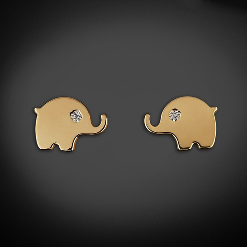 Aretes De Oro 14k Broquel Circonia Elefante Baby Giallo